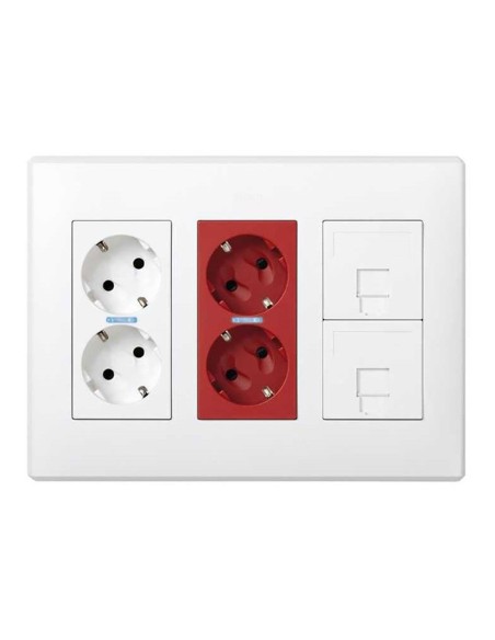 Caja con 2 schukos blancos + 2 schukos rojos + 2 rj45 500 cima superficie o empotrar blanca