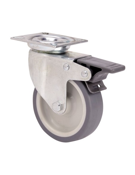 Rueda giratoria de goma con placa, eje liso y freno, color gris, carga máx. 60 kg, ø 8 cm