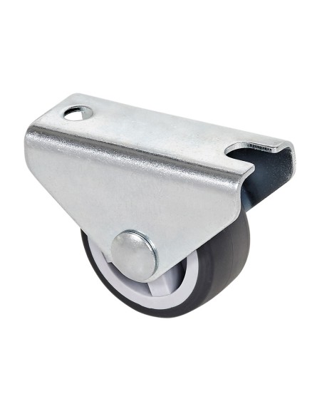 Rueda fija de goma con placa y eje liso de dos fijaciones, color gris, carga máx. 40 kg. ø 2,5 cm