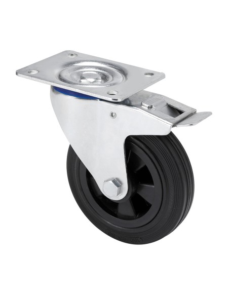 Rueda giratoria de goma natural con placa, eje liso y freno, color negro, carga máx. 80 kg, ø 10 cm