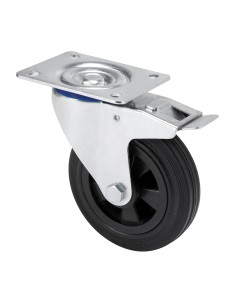 Rueda giratoria de goma natural con placa, eje liso y freno, color negro, carga máx. 110 kg, ø 12,5 cm