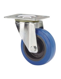 Rueda giratoria de goma con placa y eje de rodillos, color azul, carga máx. 100 kg, ø 10 cm