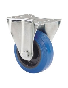 Rueda fija de goma, con placa y eje de rodillos color azul, carga máx. 80 kg, ø 8 cm