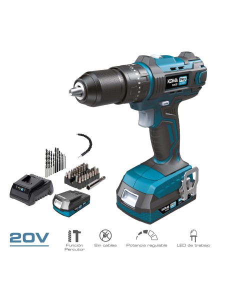 Kit taladro percutor / atornillador 20 v con bateria 2.0ah y cargador. 20,5 x 22 cm