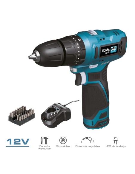 Kit taladro percutor 12 v con accesorios, bateria y cargador
