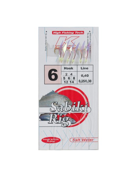 Bajo de 6 anzuelos montados con piel irisada, cabezal fosfor y torniquete