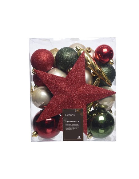 Accesorios para decorar el árbol de navidad. colores: verde, dorado y rojo, 33 piezas