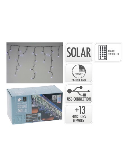 Cortina solar recargable, 240 leds, multifunción, luz fría, exterior, 8 m
