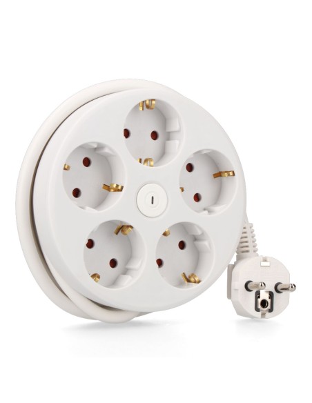 Base múltiple redonda 5 tomas 2p+t schuko, con interruptor, 1,5 m de cable h05vv-f 3g1,5 mm, 16a 250v~, blanca