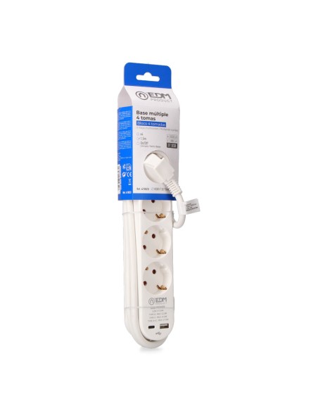 Base múltiple 4 tomas schuko, interruptor, 2 usb a + c, 1,5m de cable h05vv-f, 3g1,5 mm, 16a 250v~, blanca
