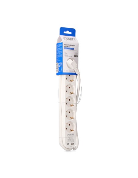 Base múltiple 6 tomas schuko, interruptor, 2 usb a + c, 1,5m de cable h05vv-f, 3g1,5 mm, 16a 250v~, blanca