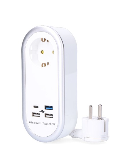Base aérea 1 toma 2p+t schuko, 4 usb (3 x a + 1 x c), 1,5 m de cable h05vv-f 3g1,5 mm, 16a 250v~, blanca