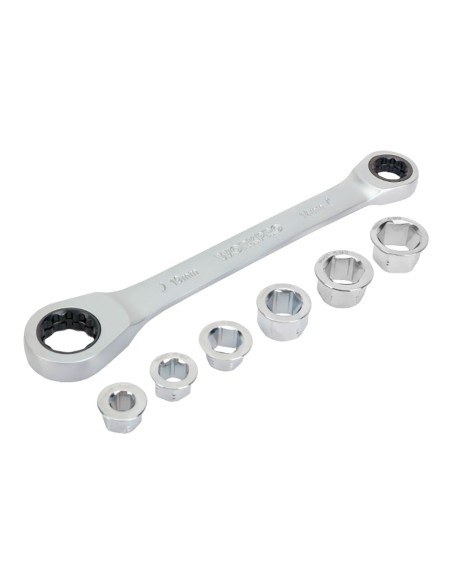 Llave de estrella cr-v doble con carraca, 6 bocas intercambiables, 14 x 19 mm, 7 piezas