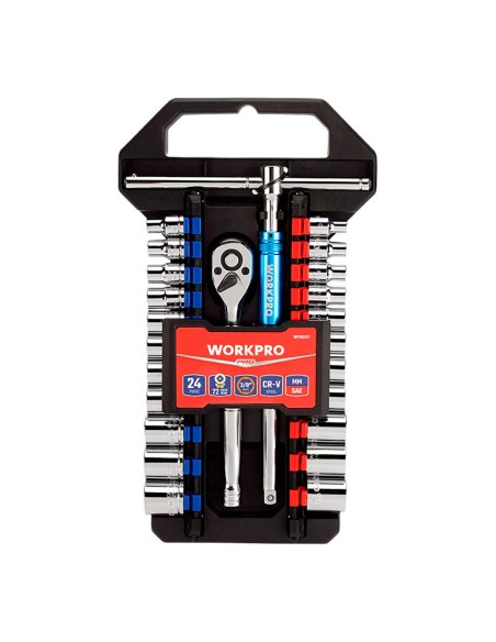 Juego de carraca y vasos 3/8 pulg, 24 piezas, (métrico-sae)