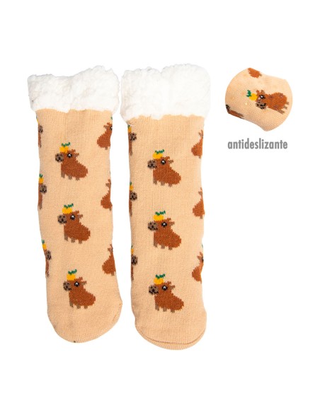 Calcetines capibara estampados antideslizantes con forro de borreguito suave, talla 30 - 35