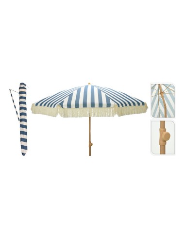 Parasol para jardín, rayas azul con flecos beige, ø183 x 200 cm