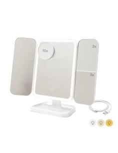 Espejo tríptico plegable de sobremesa con aumento y luz led recargable