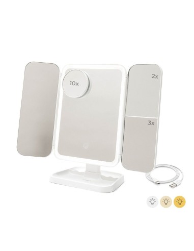 Espejo tríptico plegable de sobremesa con aumento y luz led recargable