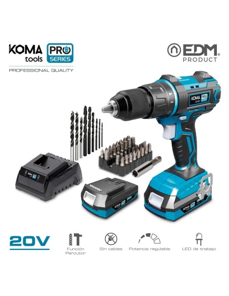 TALADRO PERCUTOR-ATORNILLADOR 20V CON 2 BATERIAS 2.0 AH Y CARGADOR KOMA TOOLS PR