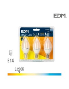 KIT 3 BOMBILLAS VELA LED E14 5W 400 LM 3200K LUZ CALIDA EDM