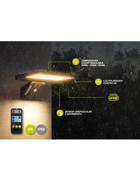 Aplique solar LED Ganda con sensor movimiento y crepuscular 8W 3000   4200   600
