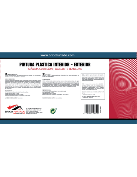 Pintura plástica BRICO FURTADO int/ext de máxima cubrición  15 LT