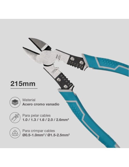 Alicate de corte diagonal 200mm con pelacables y crimpadora