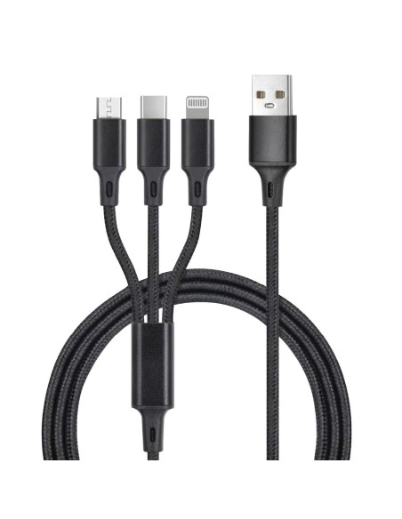 Cable cargador 3 en 1 (USB Tipo C, conector Lightning y micro USB) nylon trenzado 1,2M