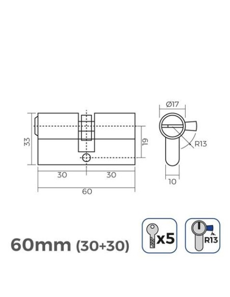 BOMBIN NIQUEL 60MM (30+30MM) CON 5 LLAVES SEGURIDAD INCLUIDAS EDM