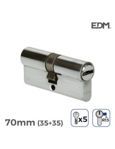 BOMBIN NIQUEL 70MM (35+35MM) LEVA CORTA R13 CON 5 LLAVES SEGURIDAD INCLUIDAS EDM
