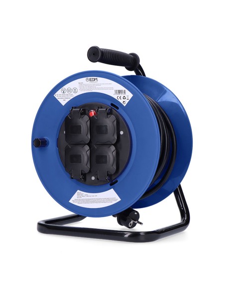 Enrollacables 25 m 3 g 2,50 mm 4 tomas bipolares con t/tl con tapas profesional con protector termico 3000w 230v