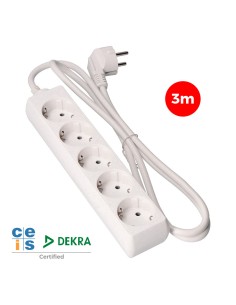 Base múltiple, 5 tomas schuko 2p+t, 3 m de cable h05vv-f 3g1,5 mm 16a 250v~ 3680 w, blanca