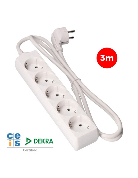Base múltiple, 5 tomas schuko 2p+t, 3 m de cable h05vv-f 3g1,5 mm 16a 250v~ 3680 w, blanca