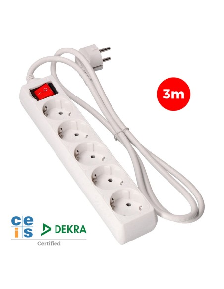 Base múltiple 5 tomas 2p+t con interruptor luminoso, 3 m de cable h05vv-f 3g1,5 mm, blanca