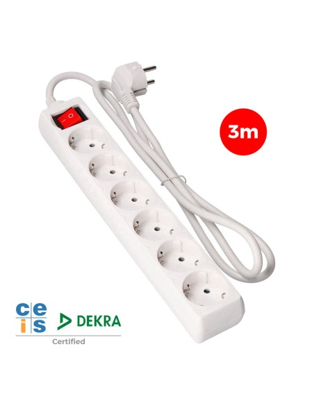 Base múltiple 6 tomas 2p+t con interruptor luminoso, 3 m de cable h05vv-f 3g1,5 mm, blanca