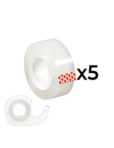 Pack de 5 rollos cinta adhesiva transparente (15 mm x 10 m) + 1 dispensador