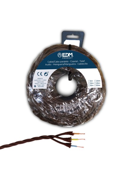 Carrete cable paralelo textil trenzado h05v-k 3 g 1,00 mm marrón, 5 m