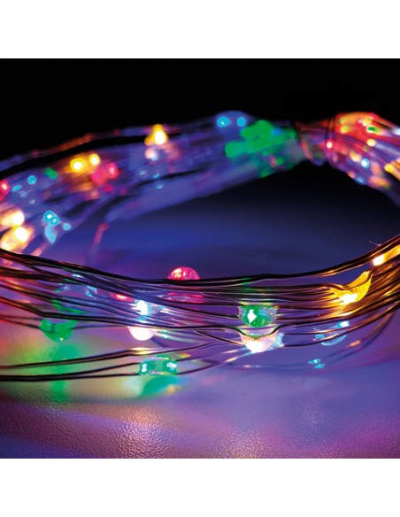 Guirnalda a pilas, función fija, 40 leds, cable alambre plateado, luz multicolor, 195 cm