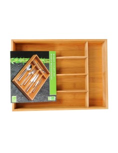 Organizador de cubiertos extensible de bambú con 6 compartimentos 35 x 25-39,2 x 4,5 cm
